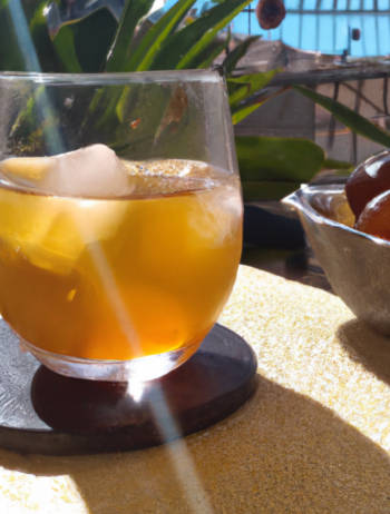 Foto de drink Red Mix de Caju. numa tarde ensolarada. Como em cima de uma mesa redonda com um porta copos escuro